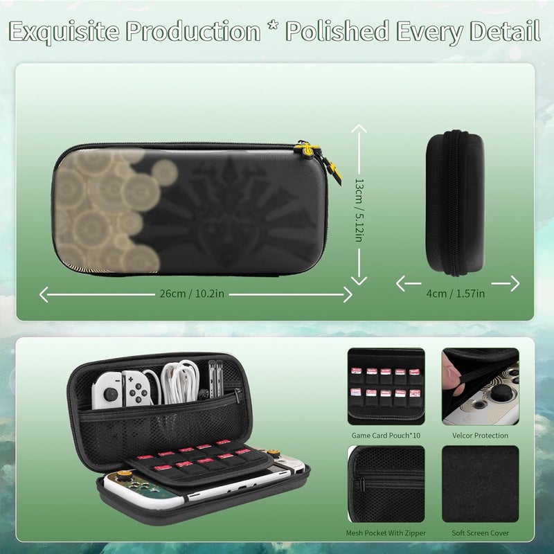 F'DIARY Black of Zelda Carrying Case for Nintendo Switch OLED, Shockproof Accessories of Switch Console with Portable Travel Bag, Hard PC Dockable Cover, Screen Protector, Handle Strap & 2 Thumb Caps - Image 2